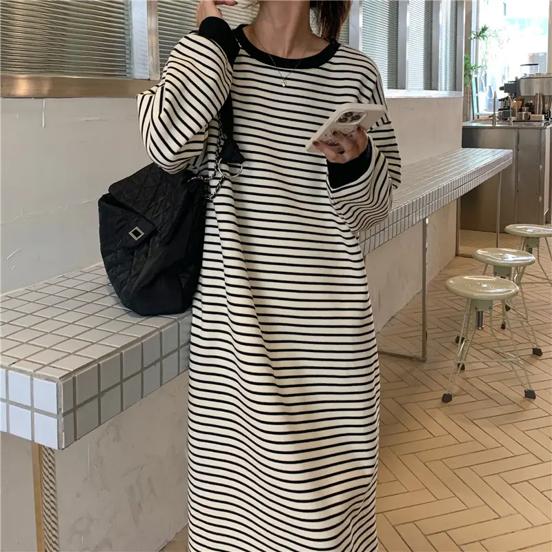 Women Korean Style Striped Long Skirt Sweatshirt Set — feature 10