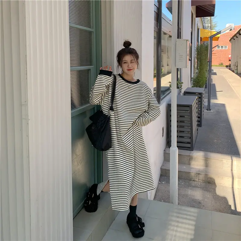 Women Korean Style Striped Long Skirt Sweatshirt Set — feature 2