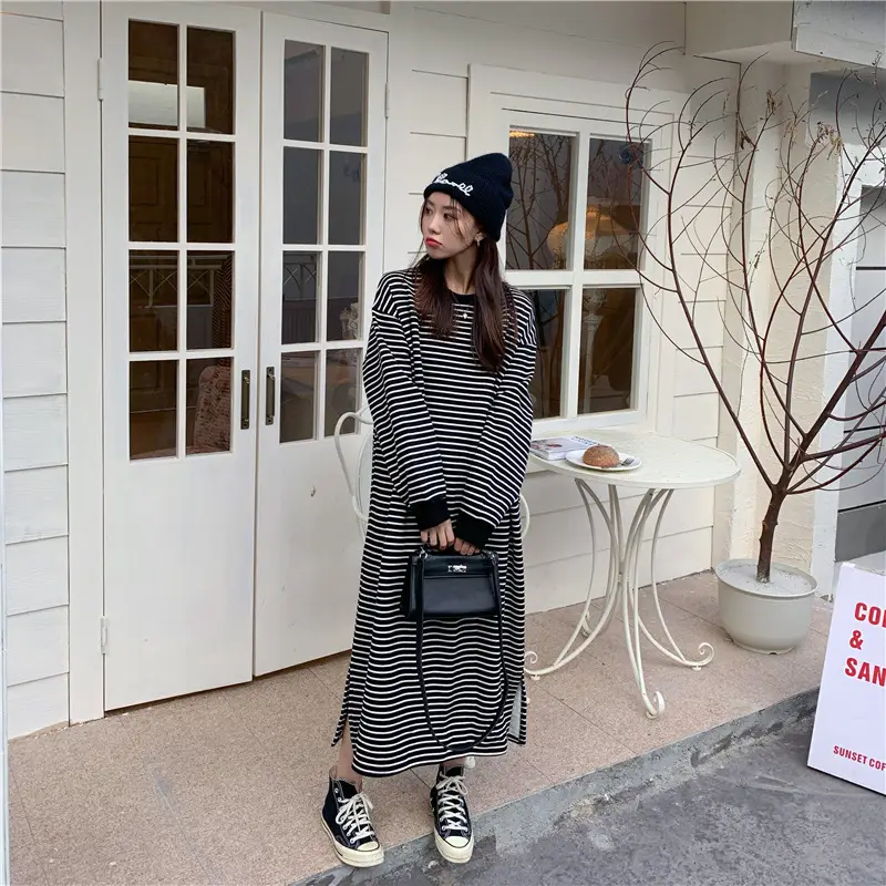Women Korean Style Striped Long Skirt Sweatshirt Set — feature 21