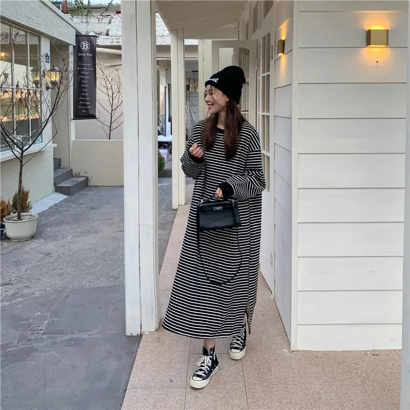 Women Korean Style Striped Long Skirt Sweatshirt Set — feature 23