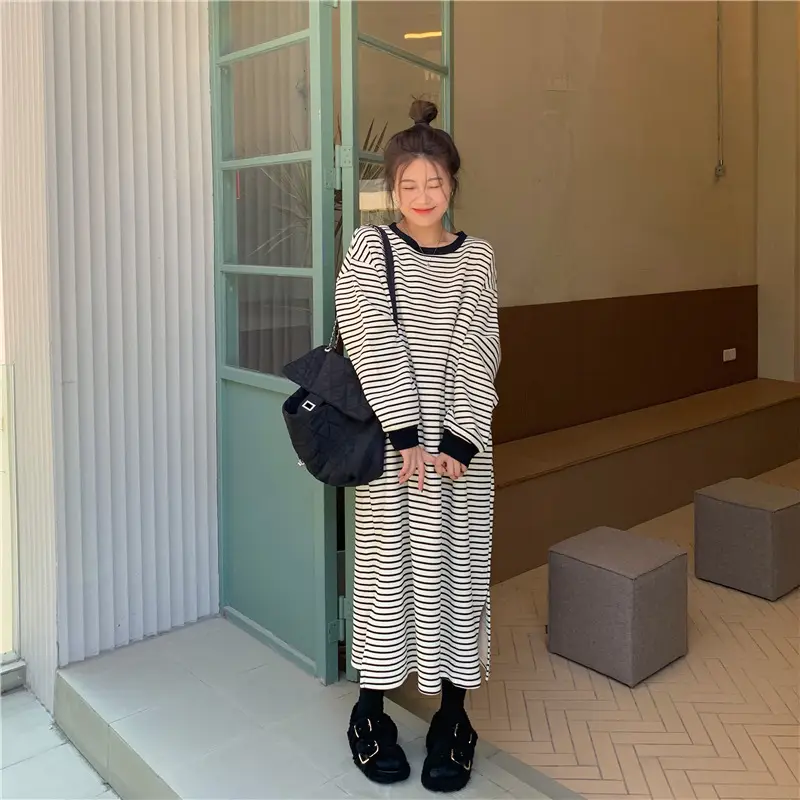Women Korean Style Striped Long Skirt Sweatshirt Set — feature 6