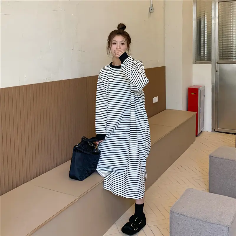 Women Korean Style Striped Long Skirt Sweatshirt Set — feature 8