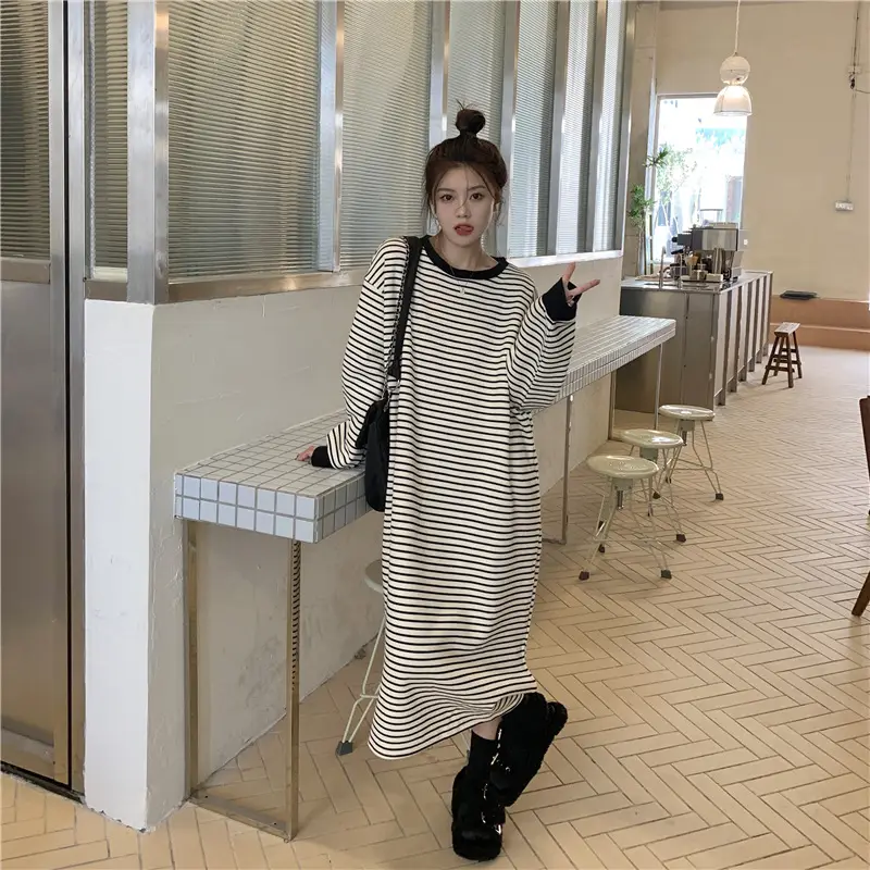 Women Korean Style Striped Long Skirt Sweatshirt Set — feature 9
