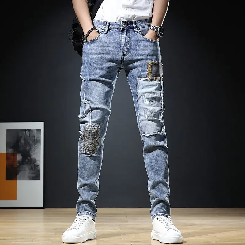 Men Slim Fit Ripped Jeans Light Blue Casual Wear - Image 3