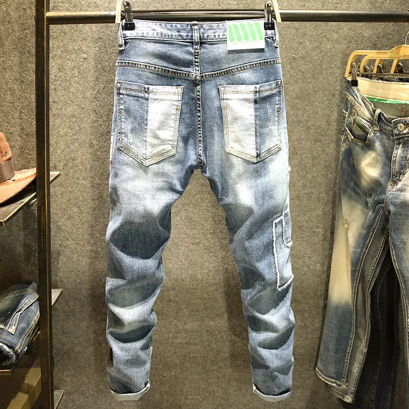 Men Slim Fit Ripped Jeans Light Blue Casual Wear - Image 4