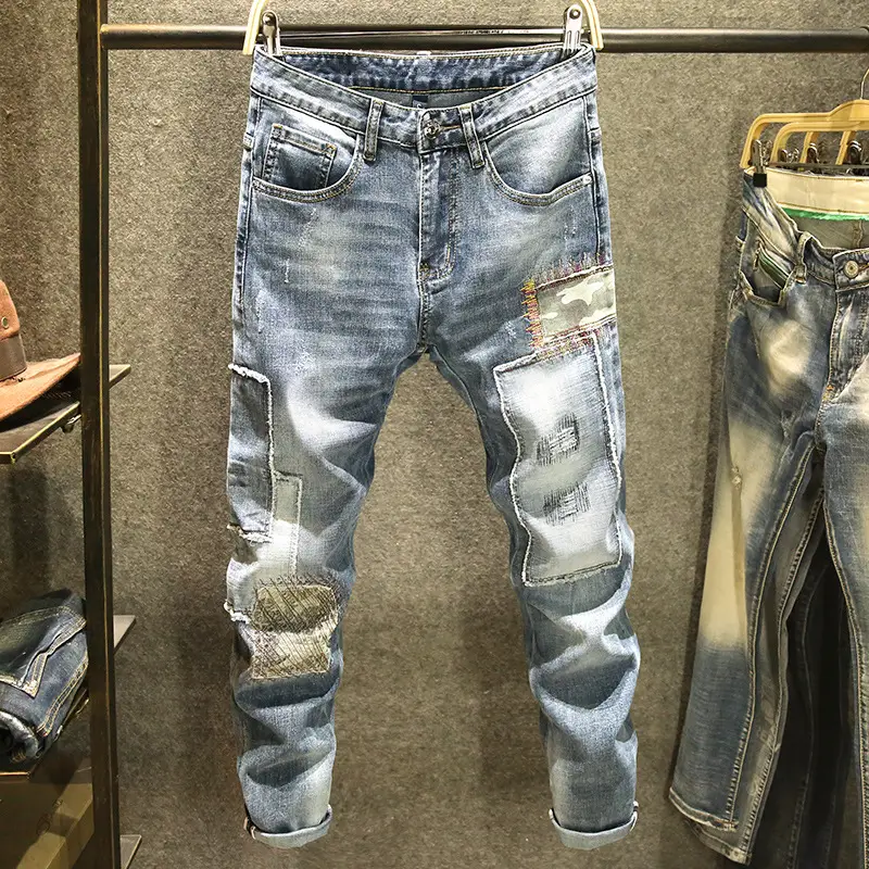 Men Slim Fit Ripped Jeans Light Blue Casual Wear - Image 5