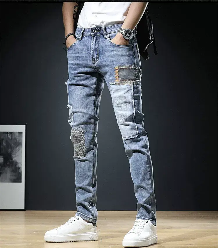 Men Slim Fit Ripped Jeans Light Blue Casual Wear — feature 10