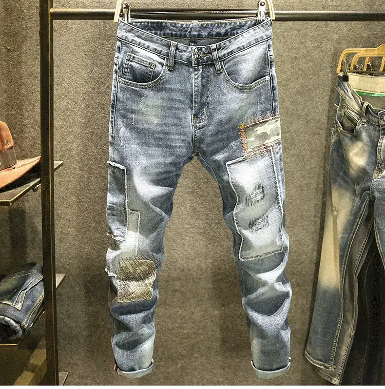Men Slim Fit Ripped Jeans Light Blue Casual Wear — feature 3