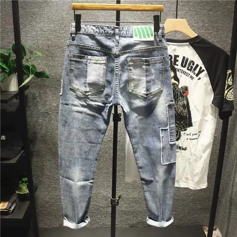 Men Patch Ripped Skinny Jeans Korean Style Spring Autumn - Image 3
