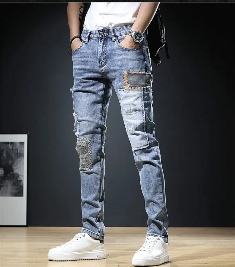 Men Patch Ripped Skinny Jeans Korean Style Spring Autumn - Image 4