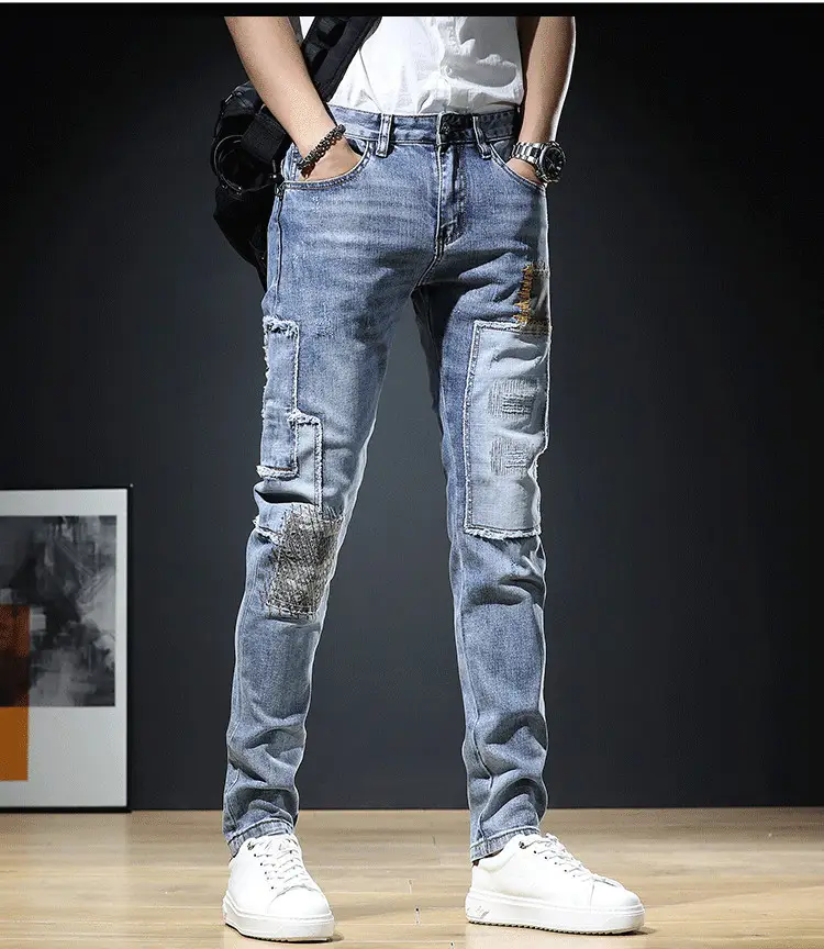 Men Patch Ripped Skinny Jeans Korean Style Spring Autumn - Image 5