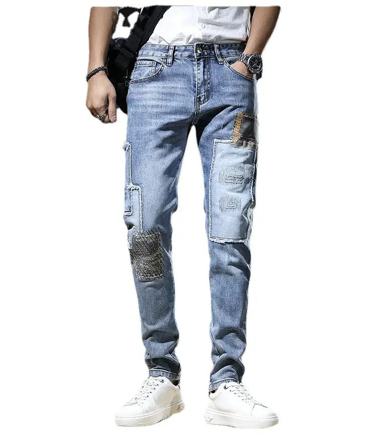 Men Patch Ripped Skinny Jeans Korean Style Spring Autumn - Image 6