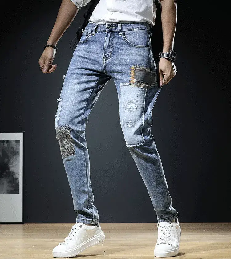 Men Patch Ripped Skinny Jeans Korean Style Spring Autumn — feature 10