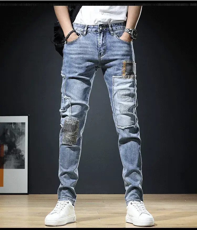 Men Patch Ripped Skinny Jeans Korean Style Spring Autumn — feature 11