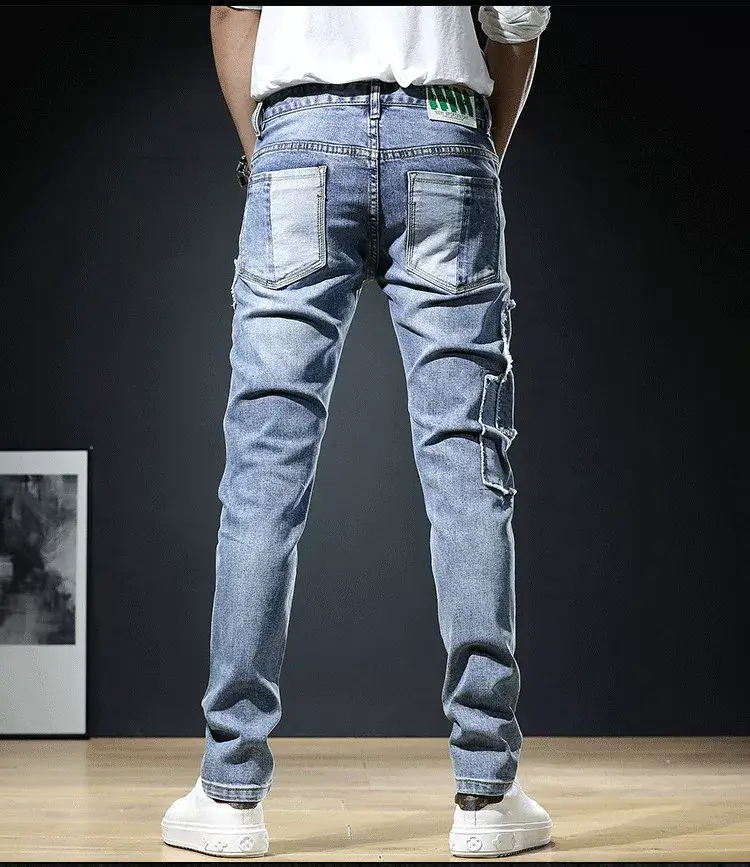 Men Patch Ripped Skinny Jeans Korean Style Spring Autumn — feature 12