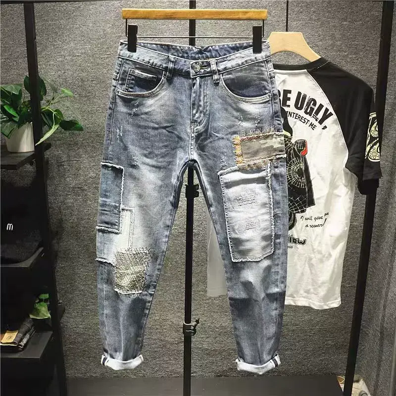 Men Patch Ripped Skinny Jeans Korean Style Spring Autumn — feature 3