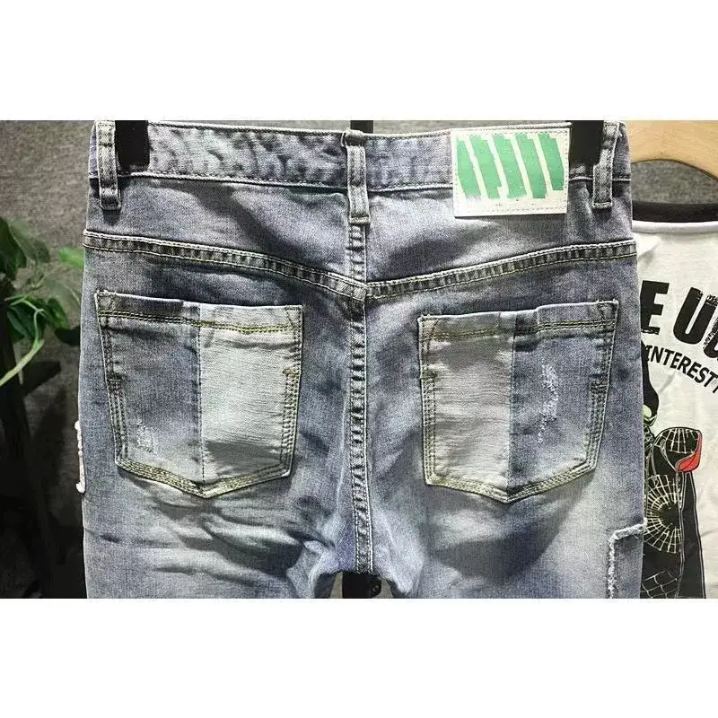 Men Patch Ripped Skinny Jeans Korean Style Spring Autumn — feature 6