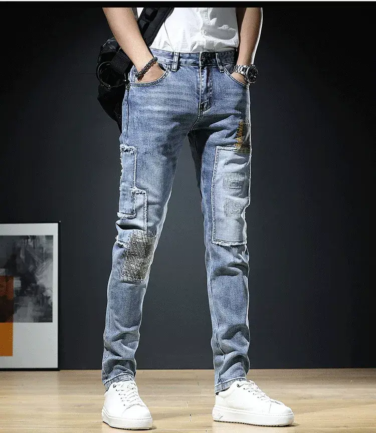 Men Patch Ripped Skinny Jeans Korean Style Spring Autumn — feature 8
