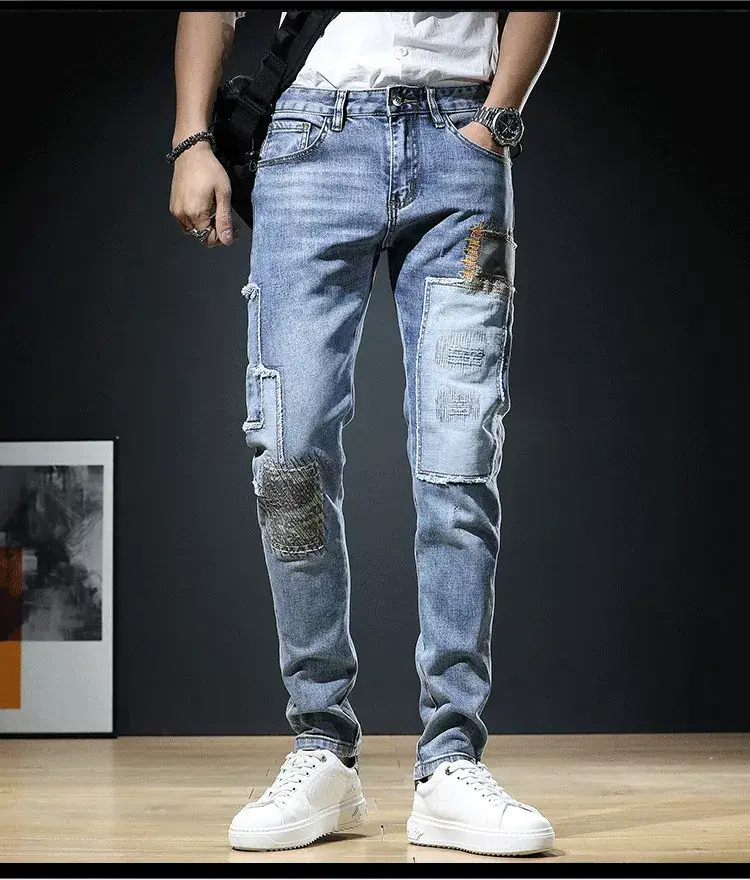Men Patch Ripped Skinny Jeans Korean Style Spring Autumn — feature 9