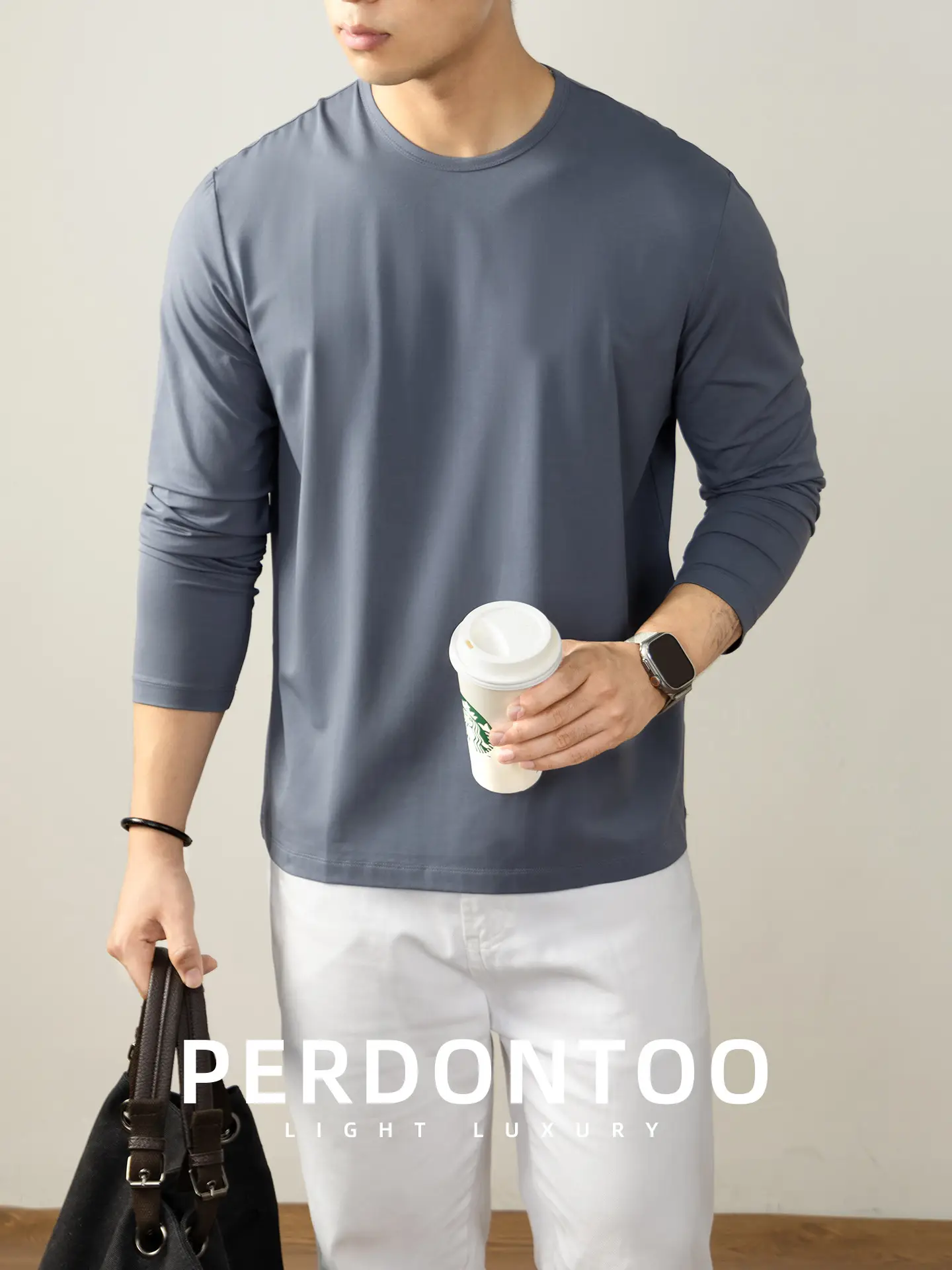 Men Long Sleeve T-Shirt White Solid Color - Image 12