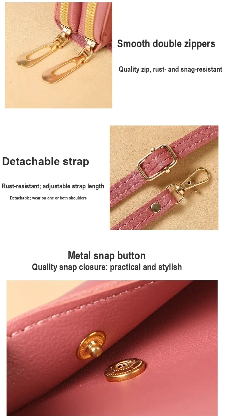 Close-ups of zipper pulls and detachable adjustable shoulder strap
