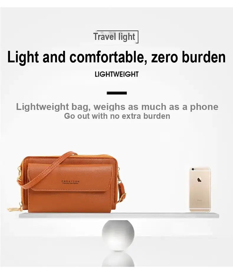 Brown bag beside a phone with Chinese text describing it as lightweight