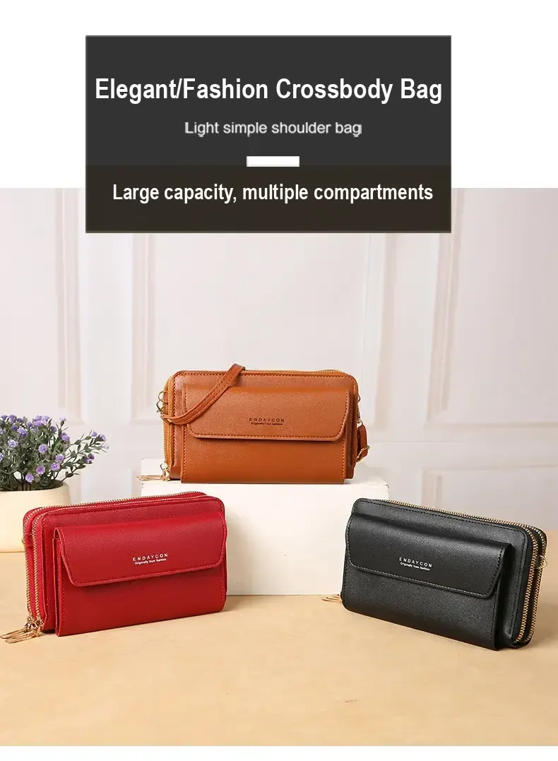 Brown, red and black bags beneath Chinese text describing a shoulder bag