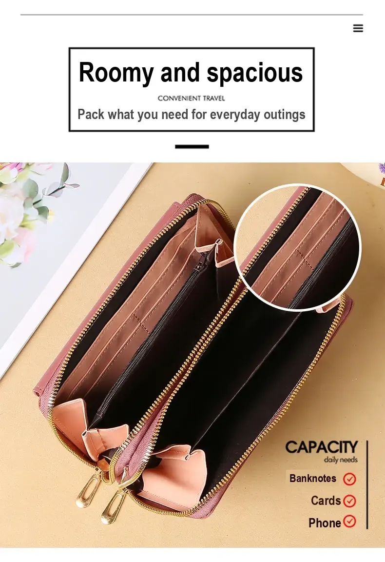 Open bag interior with two zippered sections and storage compartments