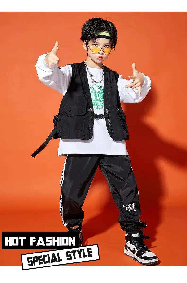 Boys Hip-Hop Track Suit Black White Patterned Pants — feature 12