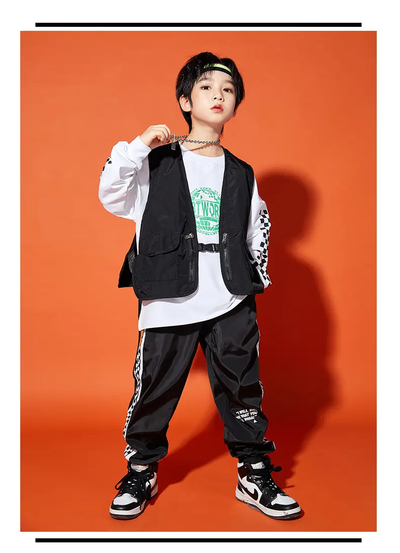 Boys Hip-Hop Track Suit Black White Patterned Pants — feature 13