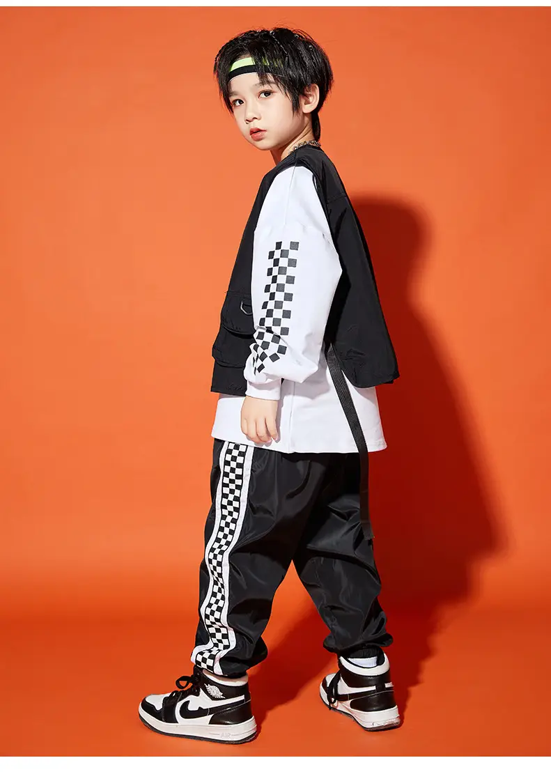Boys Hip-Hop Track Suit Black White Patterned Pants — feature 14