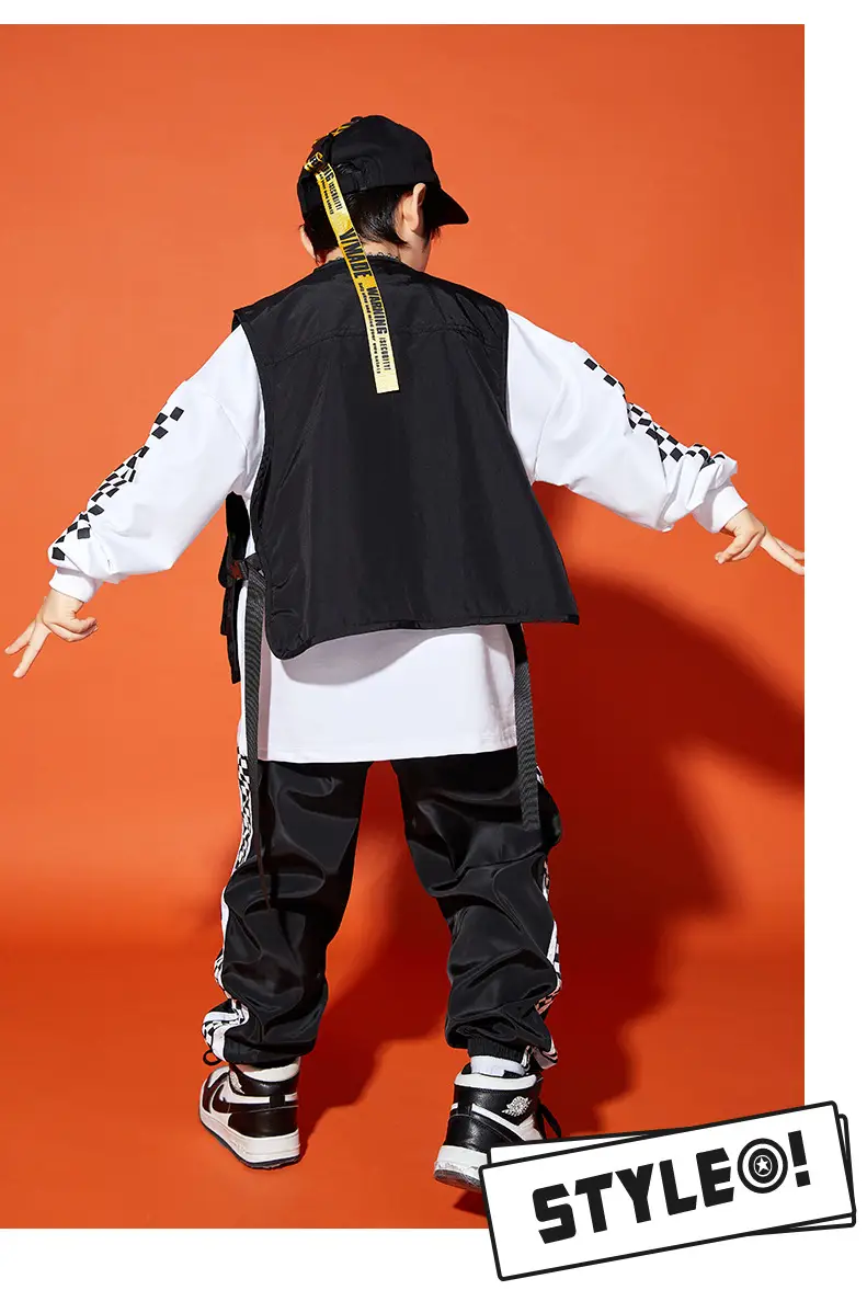 Boys Hip-Hop Track Suit Black White Patterned Pants — feature 15
