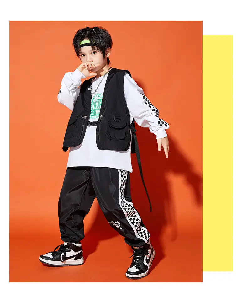Boys Hip-Hop Track Suit Black White Patterned Pants — feature 2