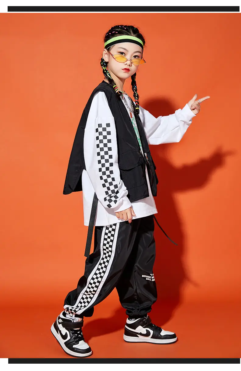 Boys Hip-Hop Track Suit Black White Patterned Pants — feature 9