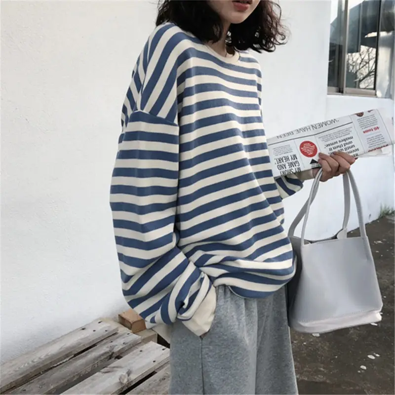Women Striped Long Sleeve Sweatshirt Loose Slimming - Image 4