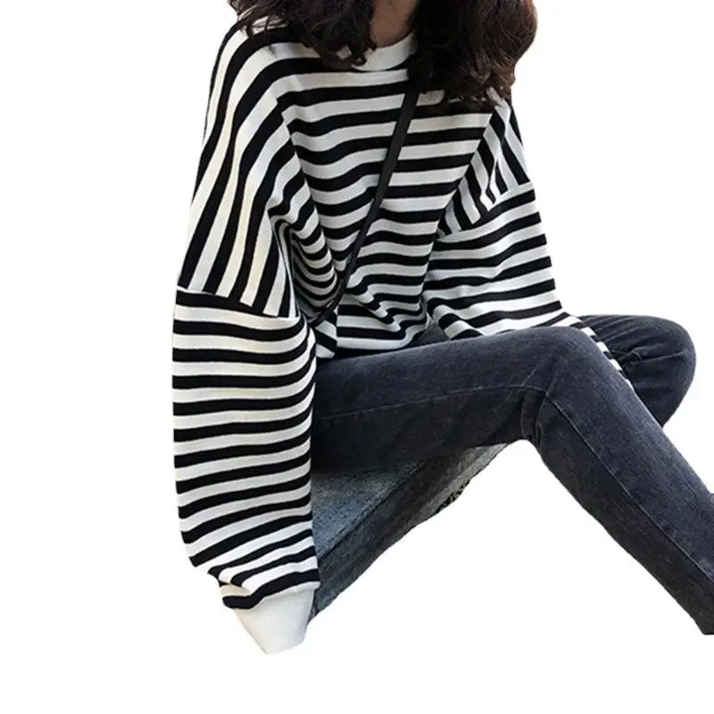 Women Striped Long Sleeve Sweatshirt Loose Slimming - Image 7