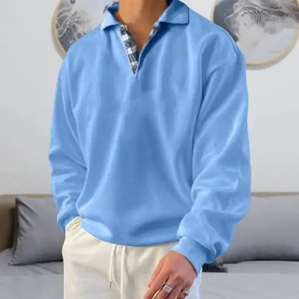 Men's Pink Long Sleeve V Neck Lapel Sweatshirt - Image 13