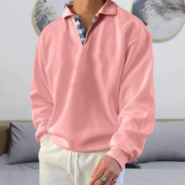 Men's Pink Long Sleeve V Neck Lapel Sweatshirt - Image 14