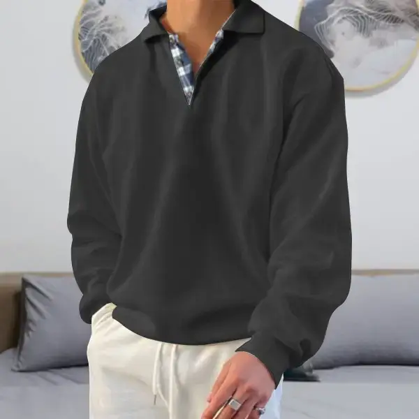 Men's Pink Long Sleeve V Neck Lapel Sweatshirt - Image 15