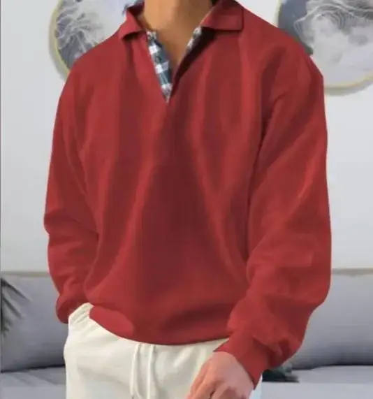 Men's Pink Long Sleeve V Neck Lapel Sweatshirt - Image 10