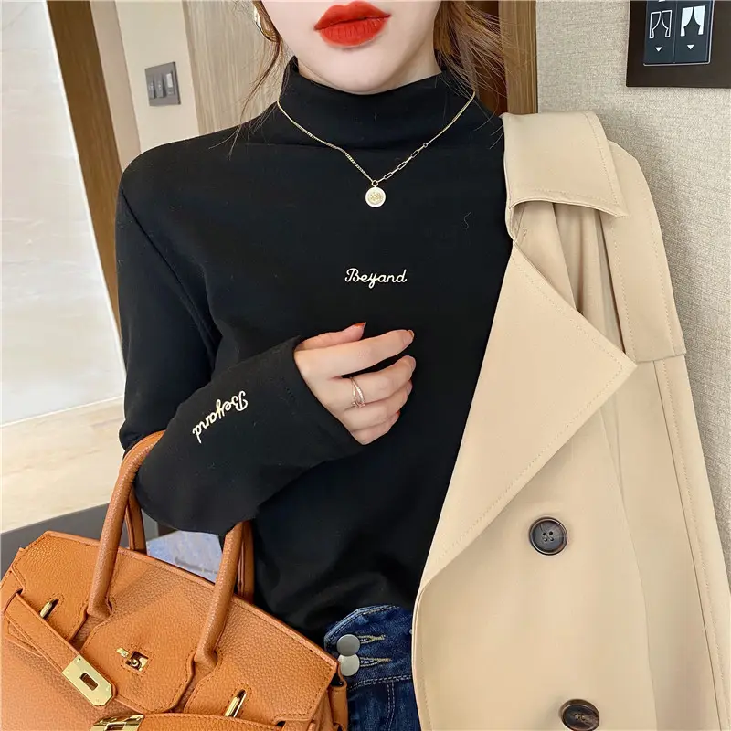 Derong Velvet Long Sleeve Black Turtleneck Top - Image 7
