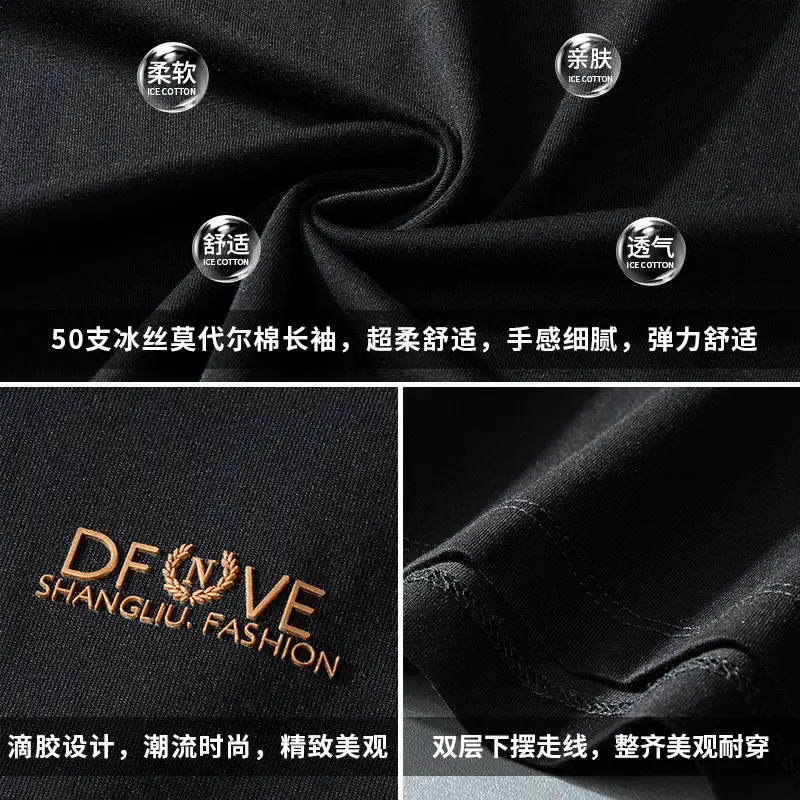 Men V-neck Long Sleeve T-Shirt Grey Korean Style