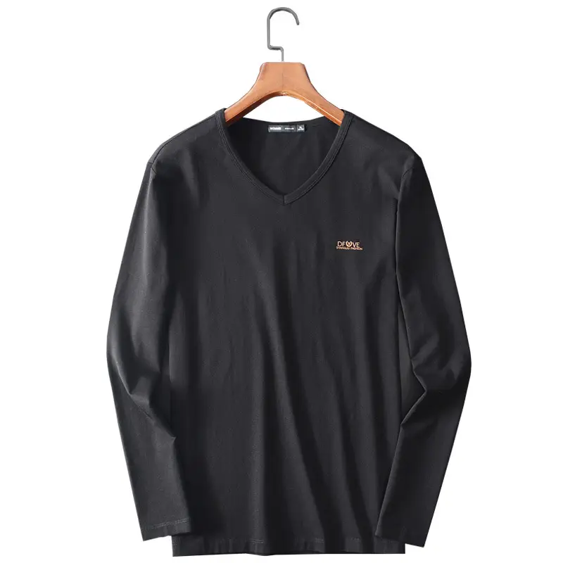 Men V-neck Long Sleeve T-Shirt Grey Korean Style