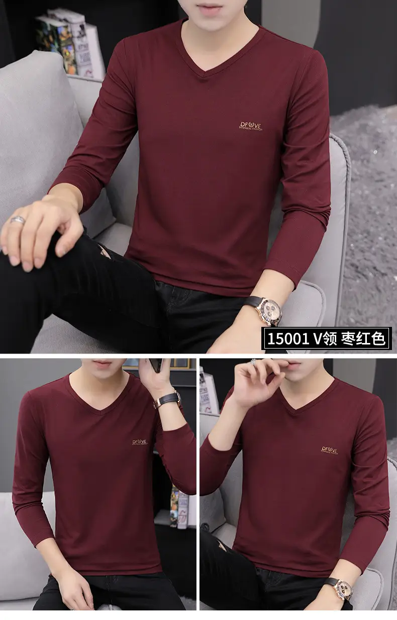Men V-neck Long Sleeve T-Shirt Grey Korean Style — feature 10