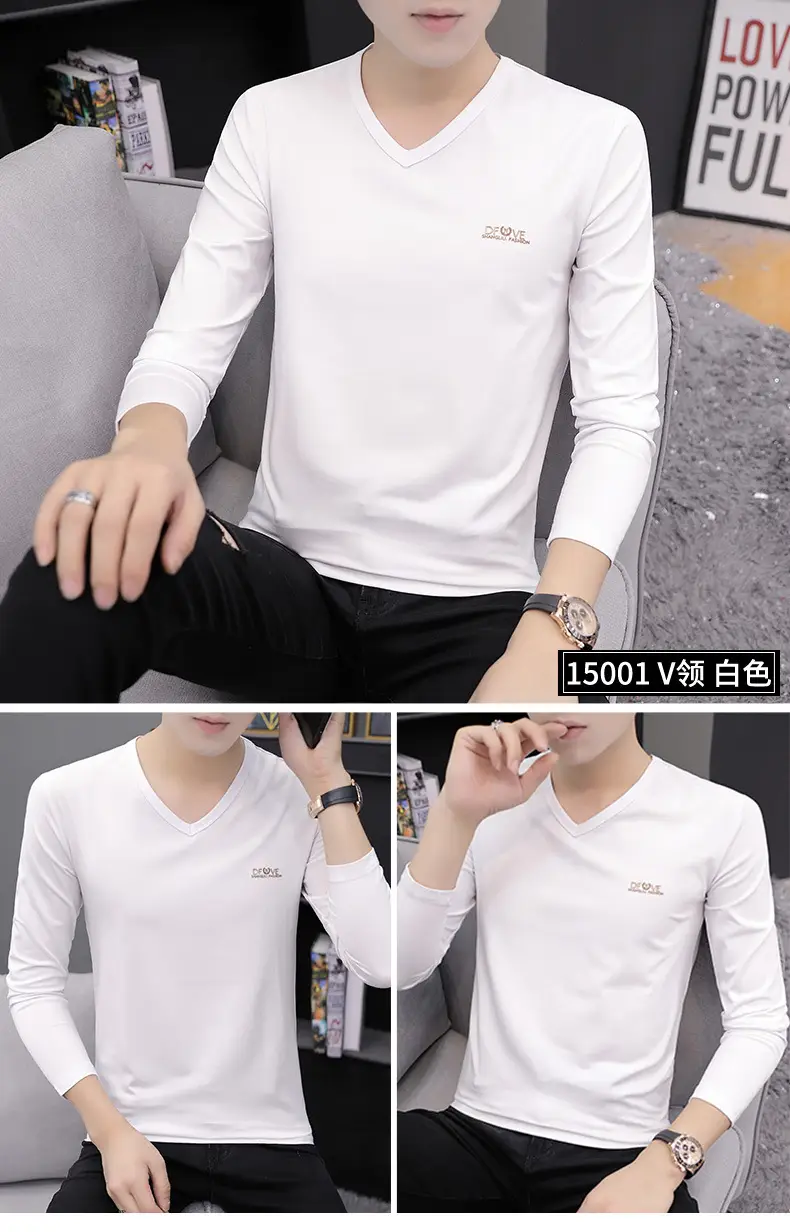 Men V-neck Long Sleeve T-Shirt Grey Korean Style — feature 6