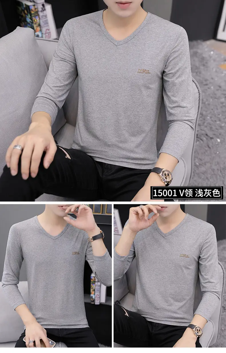 Men V-neck Long Sleeve T-Shirt Grey Korean Style — feature 7
