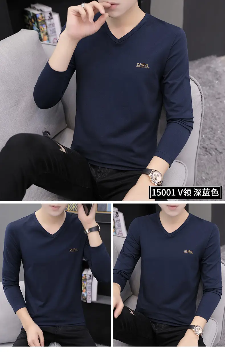 Men V-neck Long Sleeve T-Shirt Grey Korean Style — feature 8