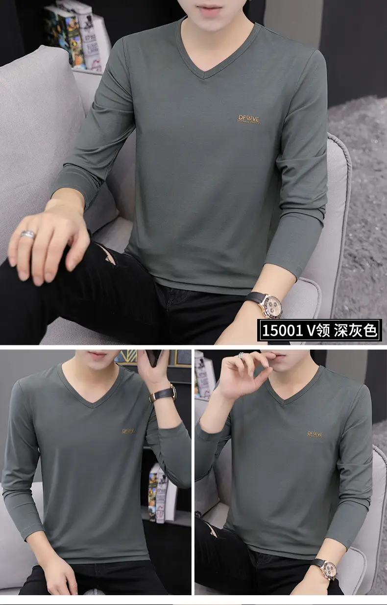 Men V-neck Long Sleeve T-Shirt Grey Korean Style — feature 9