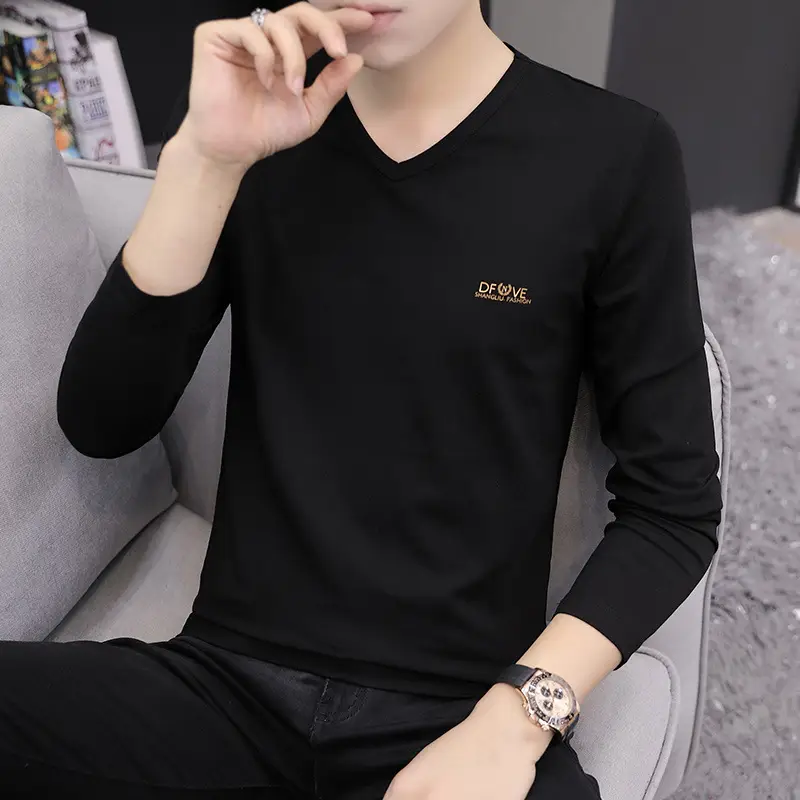 Men V-neck Long Sleeve T-Shirt Grey Korean Style