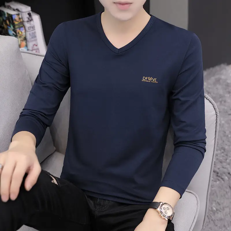 Men V-neck Long Sleeve T-Shirt Grey Korean Style